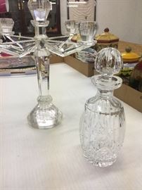 Signed Irish Crystal Candleabra  
Cut Glass Decanter 