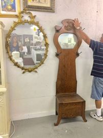 Antique Oak hall Tree and Ornate Mirror
