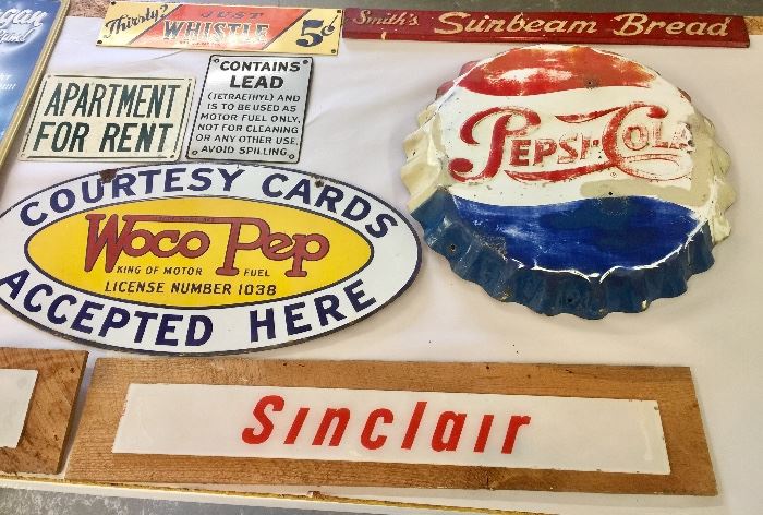 Pepsi Cap Sign , Sinclair Gas, Double Sided Woco Pep Porcelain Metal Gas  Fuel Sign 