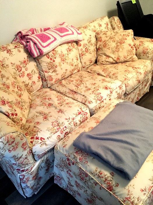 Cottage style sofa, loveseat, arm chair. Beautiful condition . Removable washable slip covers