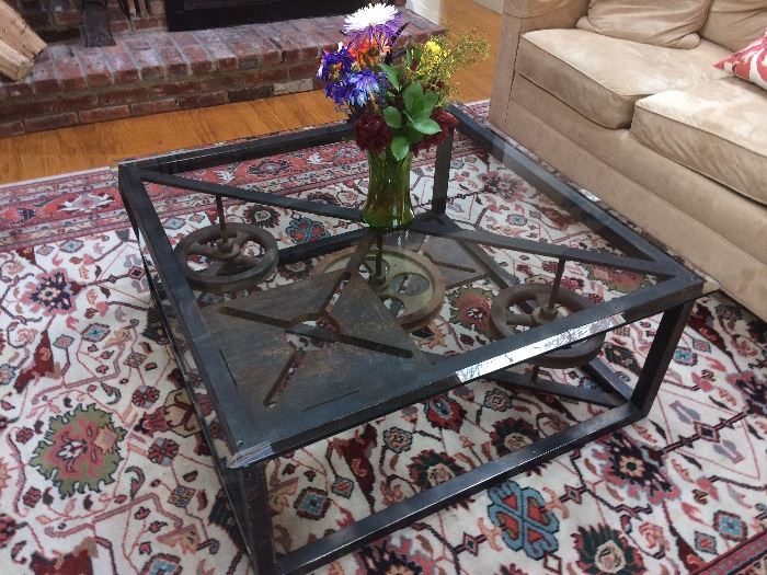 Unique industrial glass-top coffee table