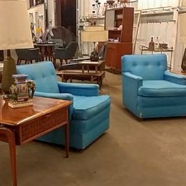 Henredon blue chairs with brass casters