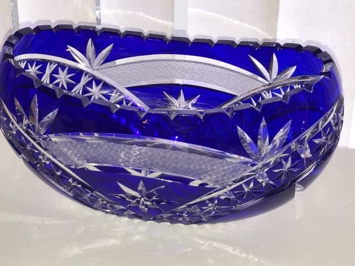 Stunning cobalt blue cut glass oval bowl