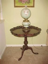 Antique Pie Crust Table & Antique Lamp