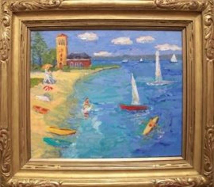 Kathy Elsey, Beach Scene, Oil on canvas, 16 x 20 in. c. 2008; displayed in a 23K gold leaf frame