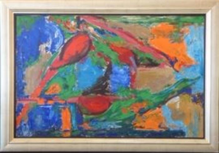 Helen Kravit, Abstract, Oil on canvas, 30 x 48 in., circa 1965+ white gold leaf frame