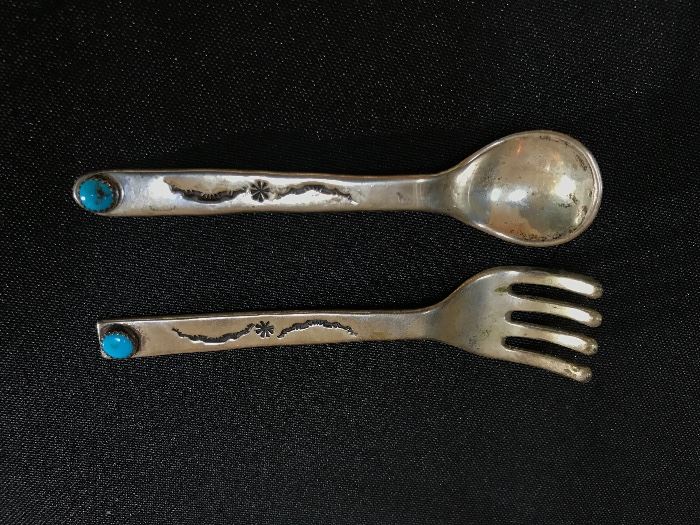 Vintage Navajo silver and turquoise  fork and spoon.