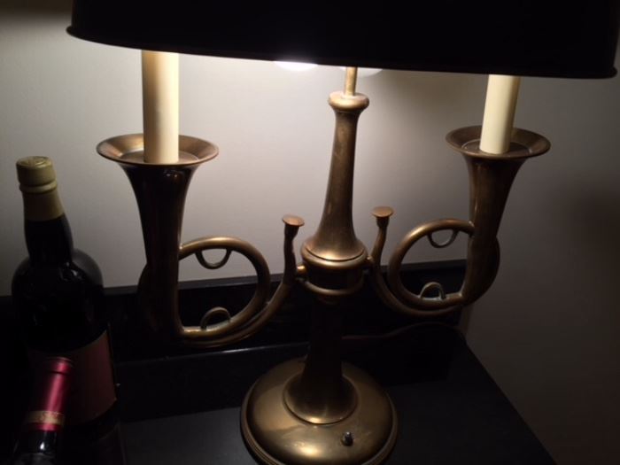 Old brass bugle lamp with shade