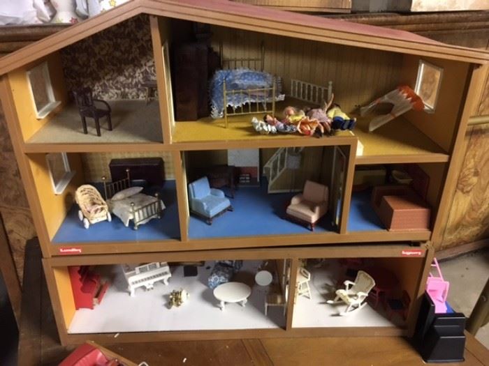 Vintage wooden dollhouse and furniture