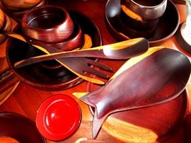Cocobola Wood salad bowls, fish platter and a rare set of Cocobola Wood salad tongs