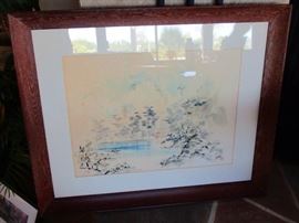 Two pen and ink orientals (one with frame lamp)  Both sport  a hand signature and red Japanese signature cartuche