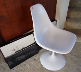 White Plastic Pedestal Moon Chair with Some Space Shuttle Photographs--Mid Century