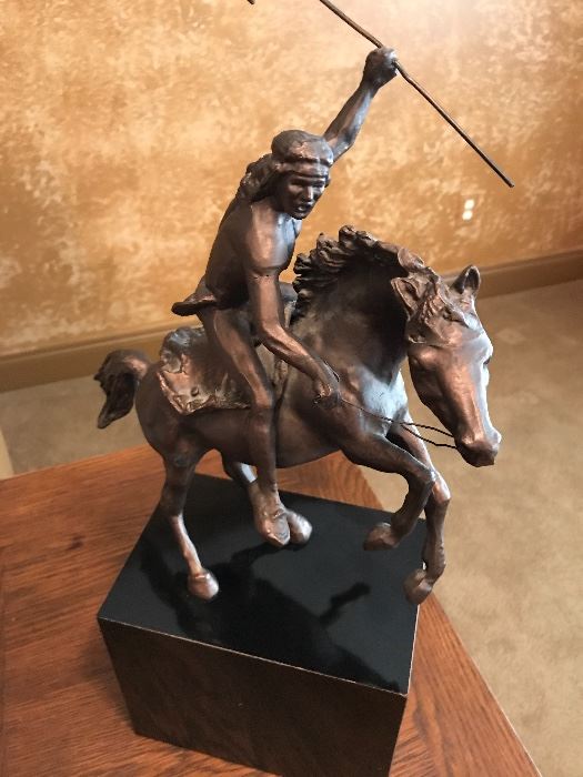 SCULPTURE OF INDIAN ON HORSEBACK 19" HIGH