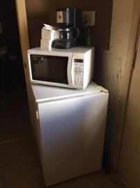 Mini fridge, microwave and coffee station