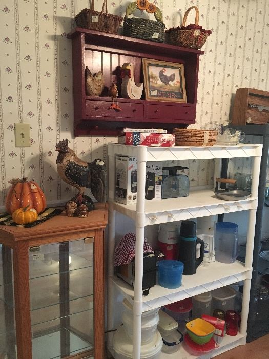 little bit country - little bit more too !!   americana and wood decor -roosters- baskets,storage, glass items   soldi oak small cabinets - have 2 of these that match