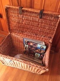 Great small wicker trunk, yes, with record albums, and some great album titles at that!