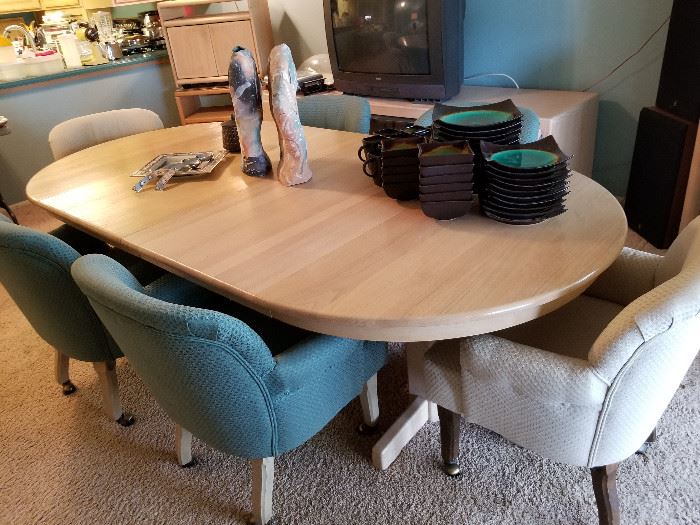 Table with 2-Leaves and 6-Upholstered Chairs
