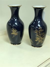 Hand painted German vases trimmed in 14k gold