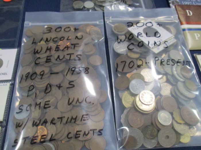 Wheat cent pennies and world coins