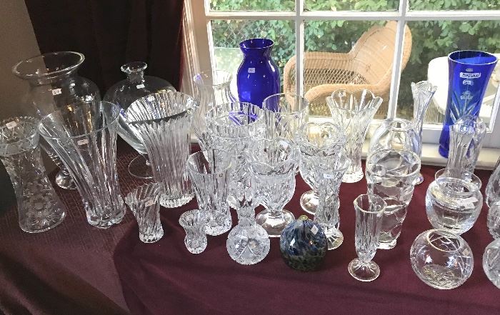  A collection of  large vases, bud vases, and rose bowls