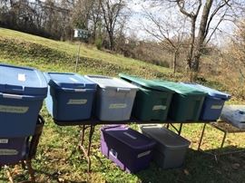 Bins full of Christmas decorations