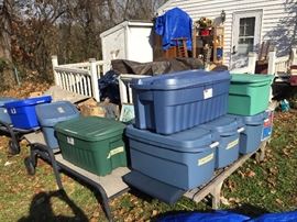 Bins full of Christmas decorations