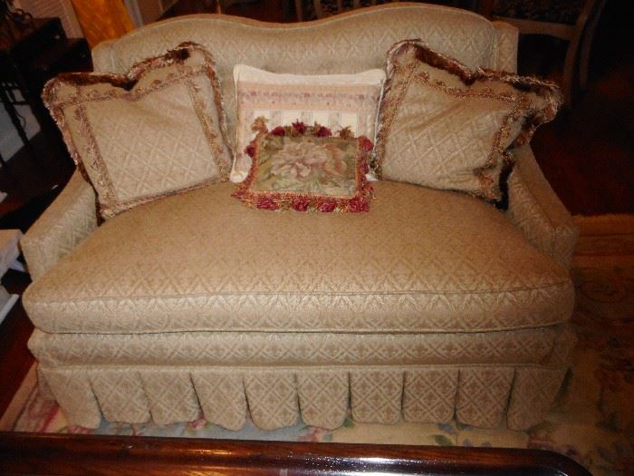 Custom Made Silk Brocade Love Seat, Champagne (2) with Decorative Pillows