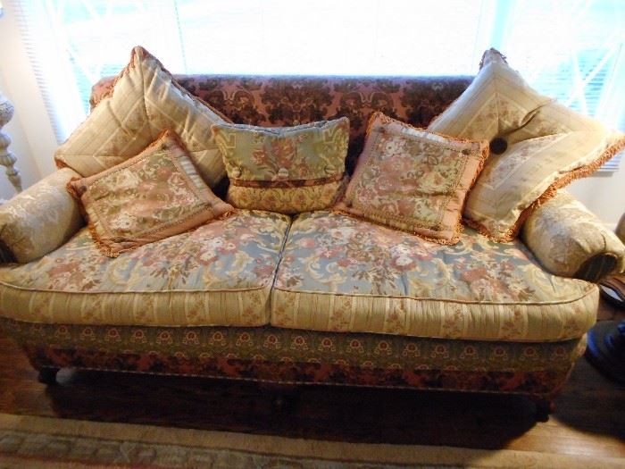 Antique Silk/Velvet Fabric Over Stuffed Sofa with Decorative Pillows