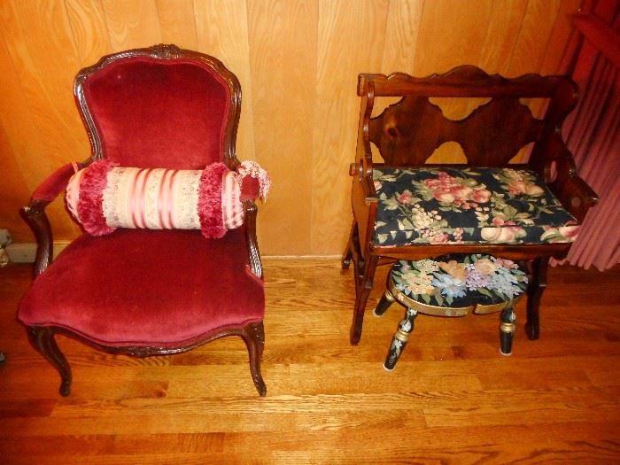 Vintage Hand Carved Mahogany Red Velvet Arm Chair, Vintage Oak Bench, Hand Painted Foot Stool