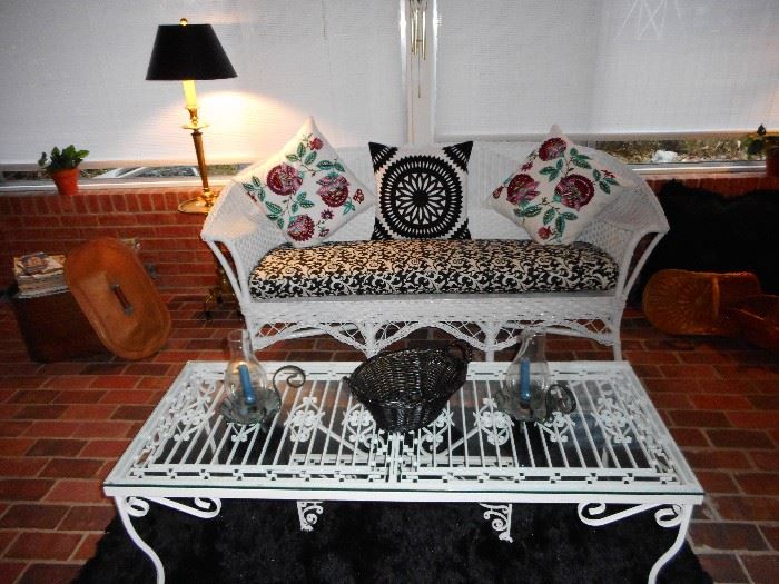 Vintage White Wicker Sofa with Cushion/Pillows. Vintage White Wrought Iron Grate Custom Glass Top Cocktail Table