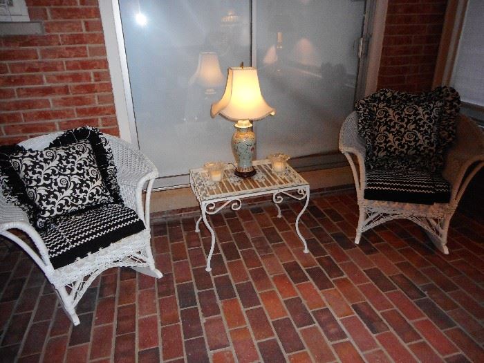 Vintage White Wicker Rocking Chairs, Vintage White Wrought Iron Grated Occasional Table With Glass Top