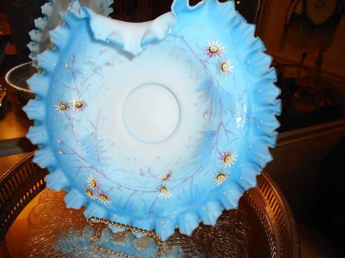 Antique Fenton Crimped Hand Painted Bridal Bowl