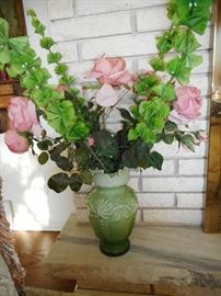 Vintage Fenton Green Embossed Vase, Silk Flowers