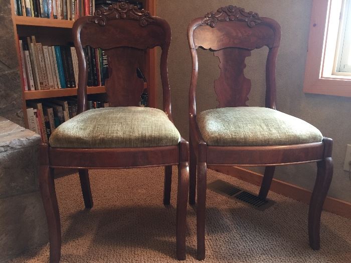 Companion chairs to antique sofa - Mahogany Empire style w/golden sage velvet - Ca. 1850
