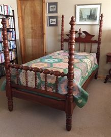One of two Cherry wood twin bed frames/mattress sets (in excellent condition) and vintage quilts - Beds are part of a six piece suite of furniture - family pieces
