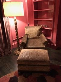 Designer Morris Club Chair and matching Ottoman with nailhead trim Walnut base covered in Sabina Fay Braxton Fabric.  Mandarin Floor lamp .