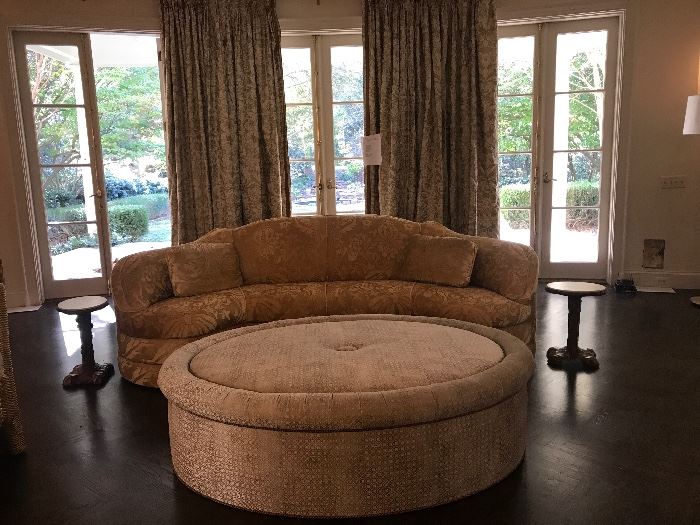 Schiaparelli Sofa from Michael Taylor Covered in Sabina Fay Braxton Fabric.  Satum Pouf from Lewis Mittman. 