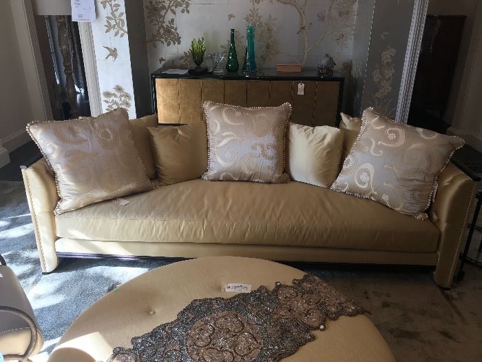 Silk sofa, Gracie wallpaper, custom ottoman