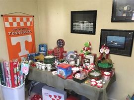 Christmas dinnerware and decorations, framed posters