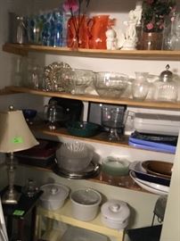 glassware, casserole dishes, lamp