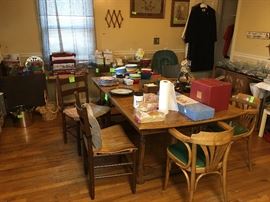 dining table, ladder back dining chairs with wood slat bottom