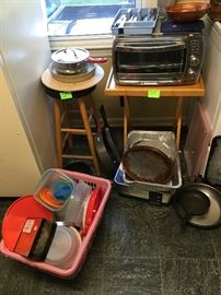 bar stool, cookware, like new toaster oven
