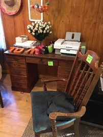 wood desk, arm chair, printer, office supplies