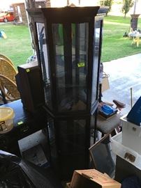 curio cabinet, large wood desk, tv