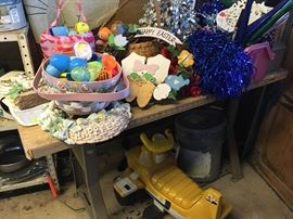 Easter decorations, small ride on toy, sewing table