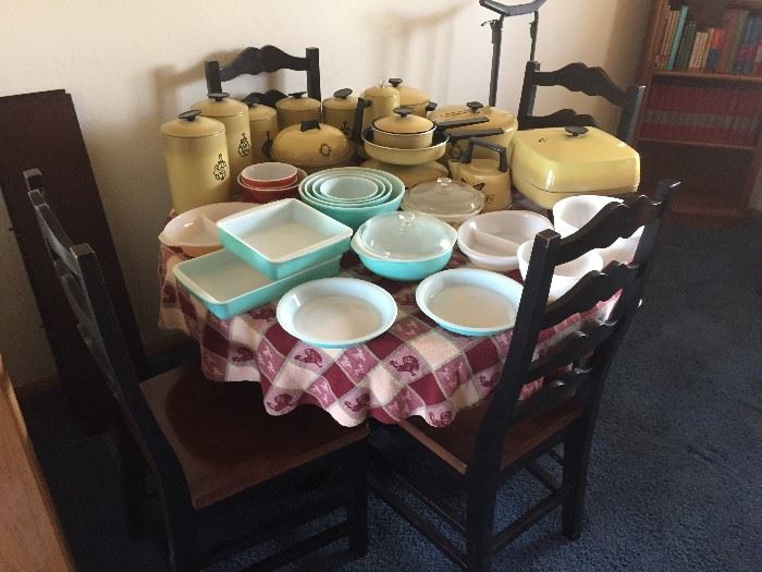 Turquoise Pyrex Mixing Bowl Set, Casseroles, Pie Plates, Fireking Lustre, Pyrex Wheat Mixing Bowls, West Bend Pot and Pan Set with Coffee Pot, Teapot, Canisters