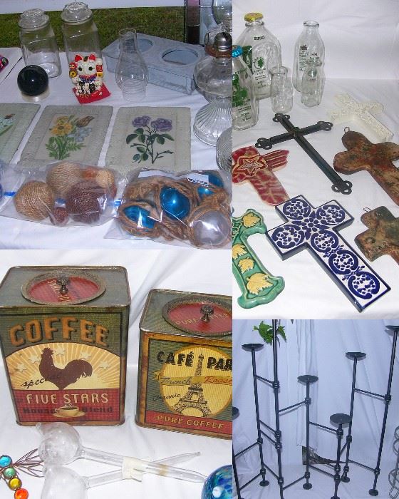 Vintage milk bottles, cross collection, tins, metal candle holder