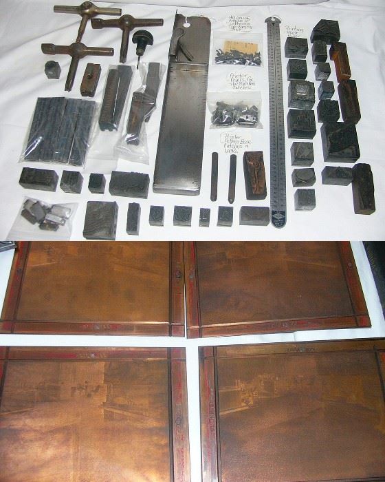 Antique printing tools, plates, and blocks