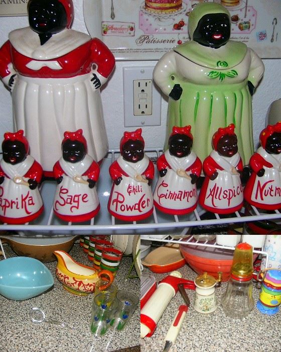 Vintage Aunt Jemima cookie jars and spice jars, Pyrex bowls, and kitchen items