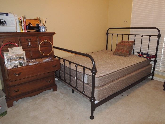 Bedroom Iron style bed frame and queen mattress.  Basset chest